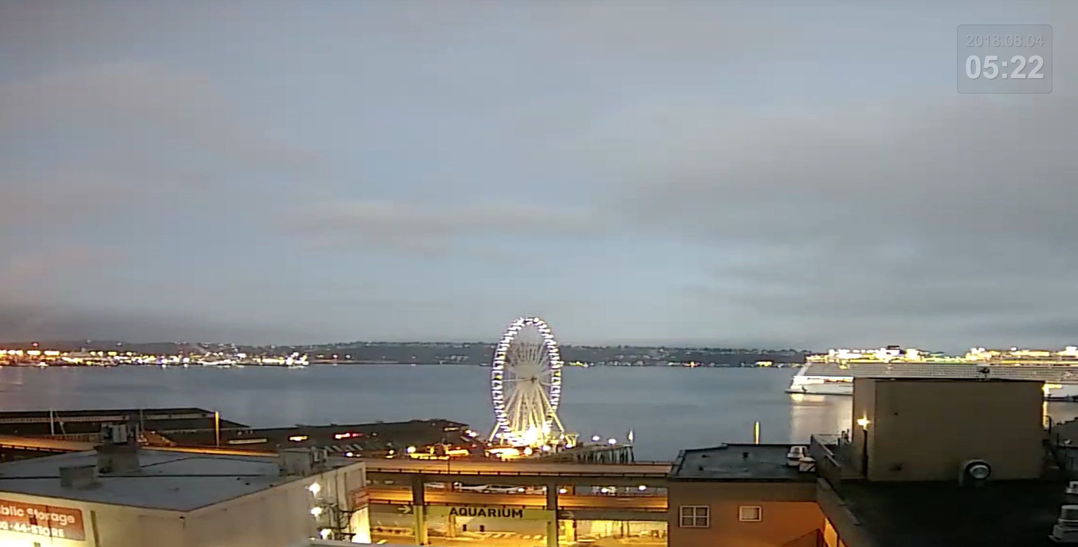 Seattle Waterfront Webcam SWW Early Morning Cruise Ship and Seattle Great Wheel 08 2018